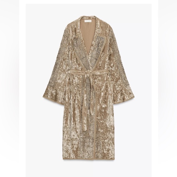 Zara Beige Velvet Embroidered Kimono Jacket - Picture 7 of 7